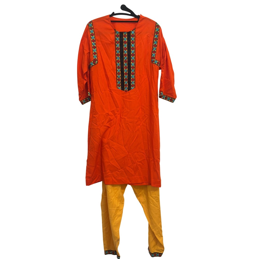 Salwar Kameez Set Womens L Orange Yellow Embroidered Cotton Kurta Pants 2PC Boho